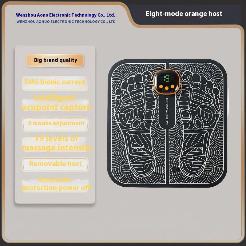 Blue USB rechargeable reflexology foot massager mat with remote control on a wooden floor