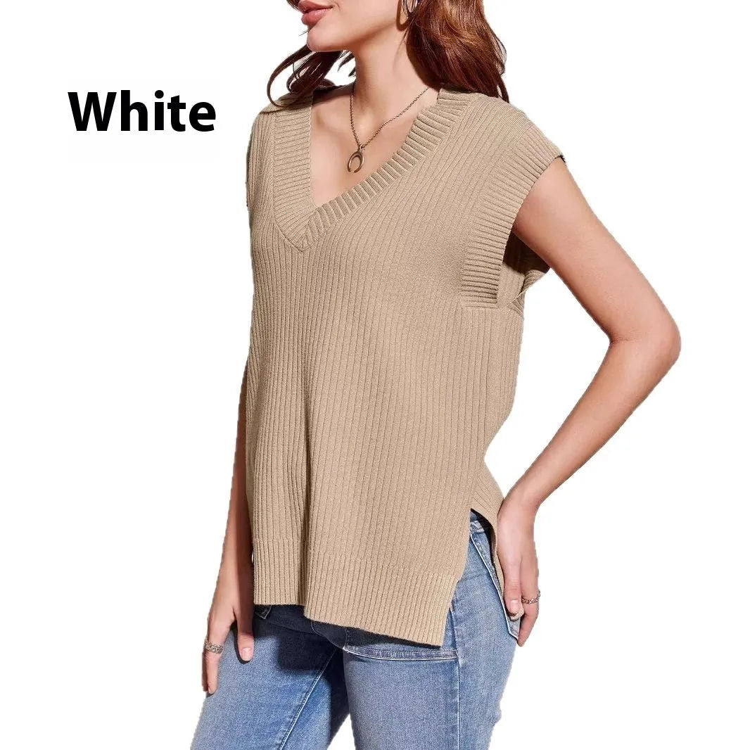 A woman's camel-coloured loose V-neck sleeveless vest with a thin striped pattern, laid flat.
