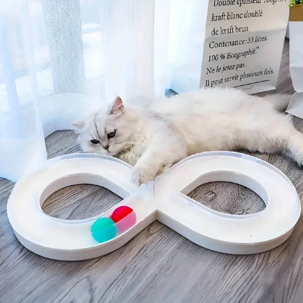 Blue and white cat turntable track ball toy with rotating ball stick for self-play.