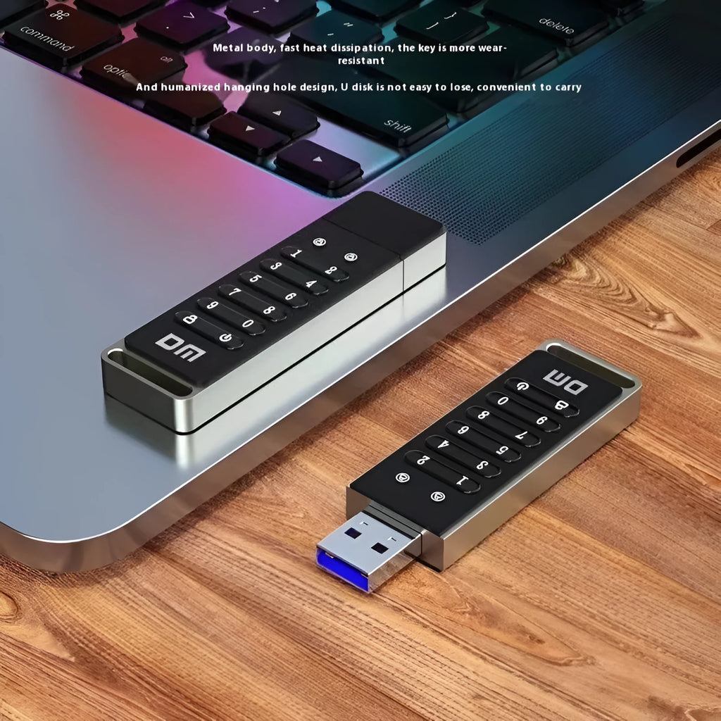 Metal encrypted USB flash drive with digital button and 64GB capacity