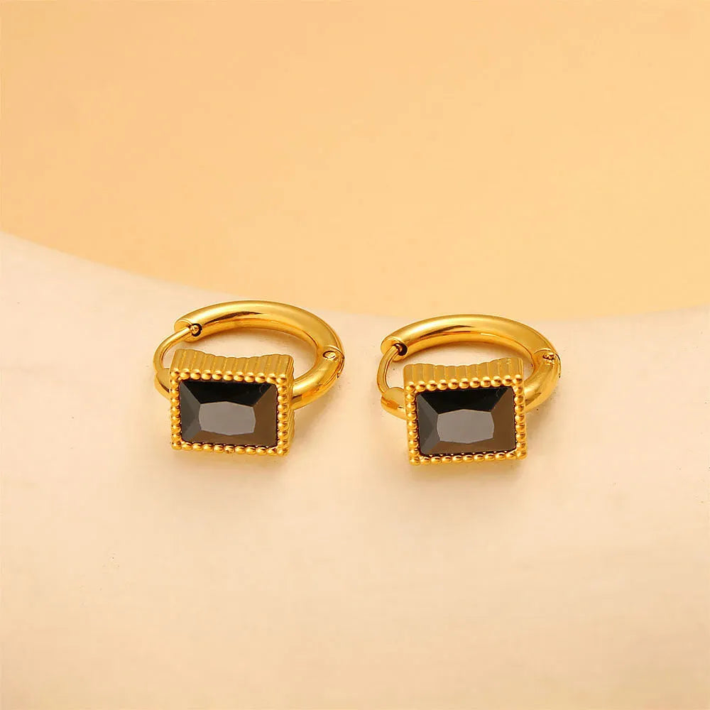 Women's stainless steel earrings with square zircon geometry design in black, green or white