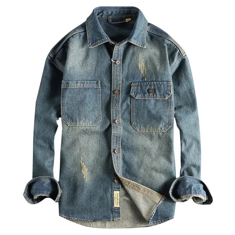Men's loose cardigan style washed vintage denim shirt in light blue