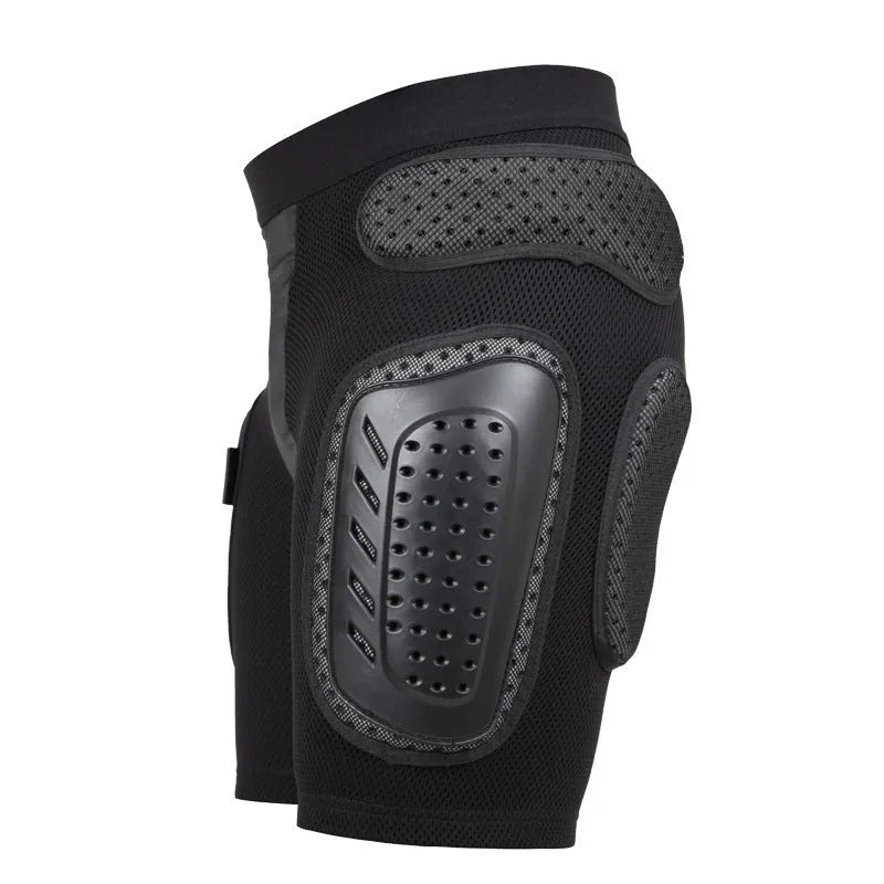 Black cycling hip protection pants with removable gel pads and adjustable leg length system