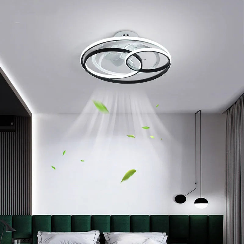 Nordic style overhead fan lamp with metal blades and acrylic shade in black or gold finish for bedroom use
