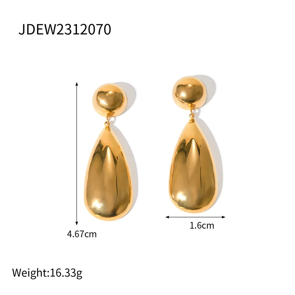 Gold-coloured stainless steel earrings with hemisphere and water drop pendant design