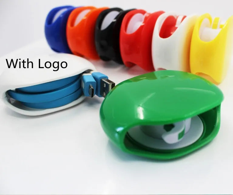 Automatic earphone cable winder retractor in assorted colours on a white background.