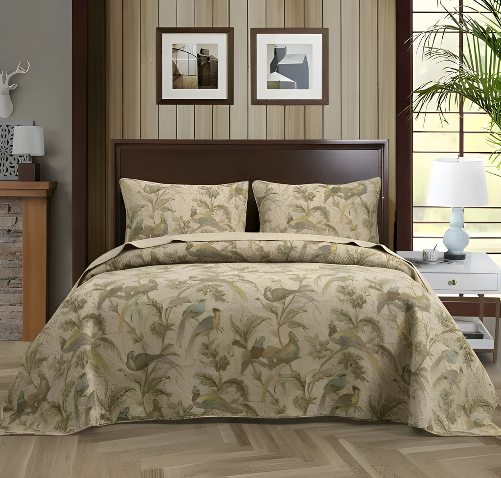 Blue American floral cotton bedspread set with quilted texture, 230x250 cm three-piece bedding
