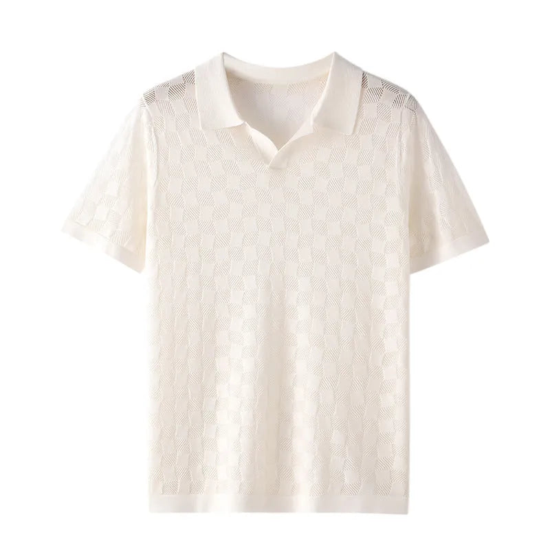 Men's short sleeve lapel sweater in mulberry silk with business casual design and solid colour