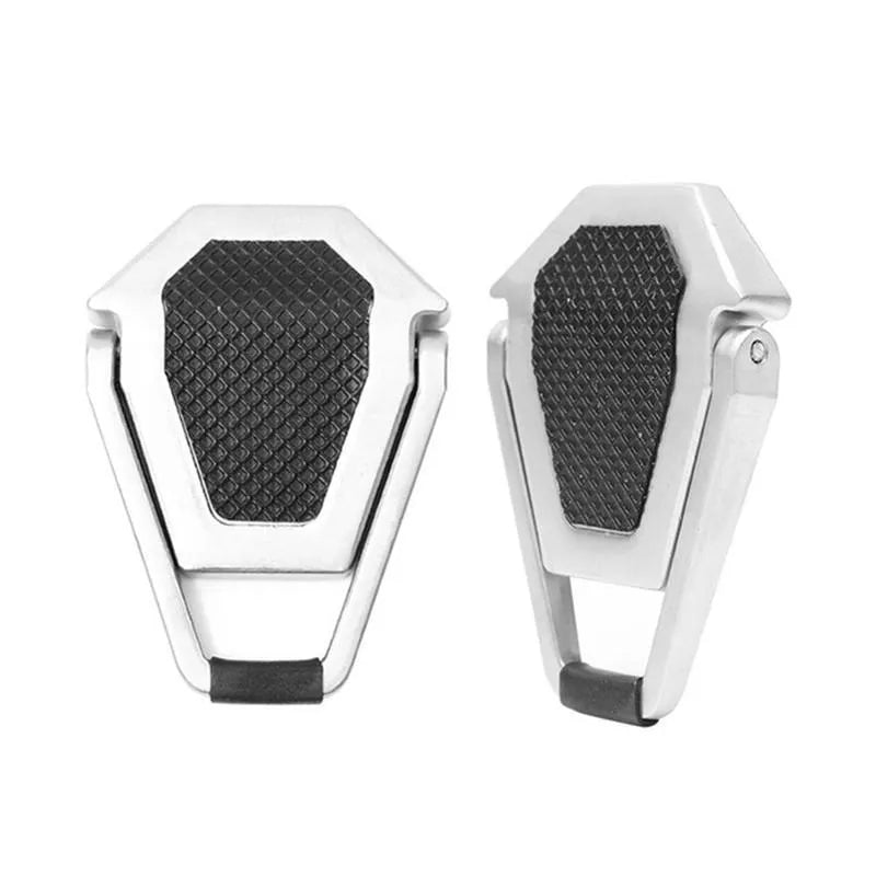 Portable aluminium alloy folding laptop bracket in silver and white colours with 3M adhesive backing