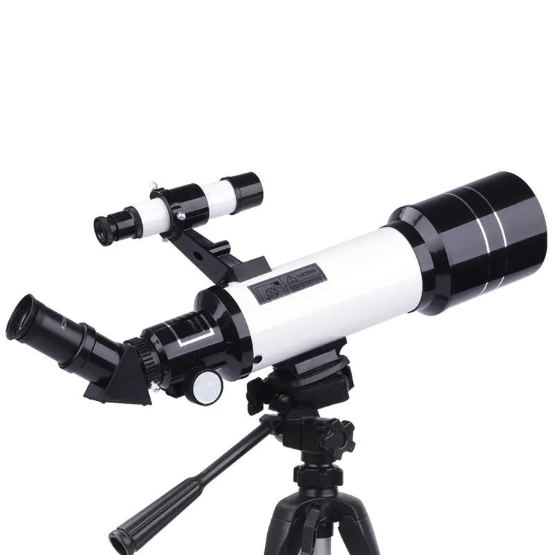 Children's dark blue astronomical telescope with monocular design on tripod, showing eyepiece and adjustment controls