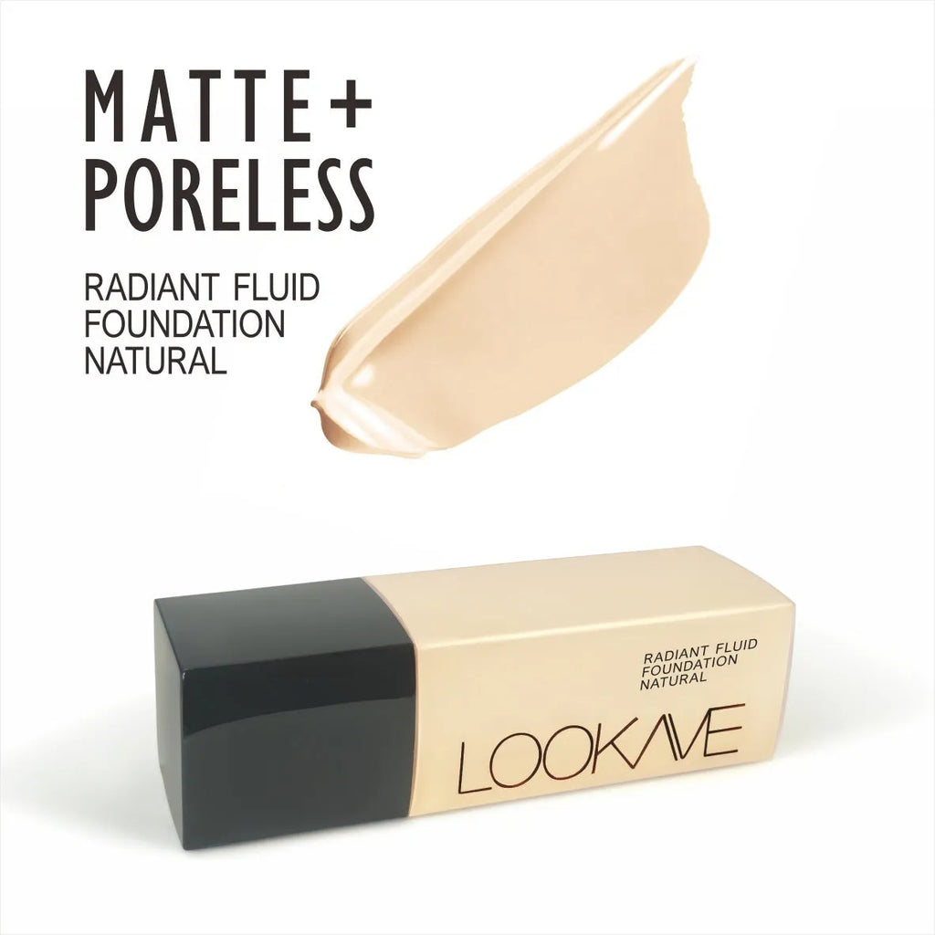 LOOKAVE matte liquid foundation bottle showing Ivory White shade, 21g waterproof formula with brightening effect.