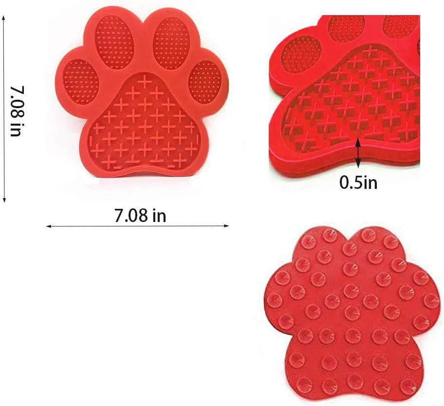 Square blue silicone dog licking mat with bone texture and suction cups on the back.