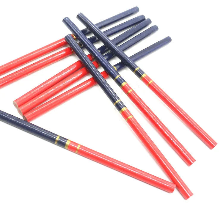 Red and blue wooden carpenter pencils with round barrels in 10-piece set for woodworking marking