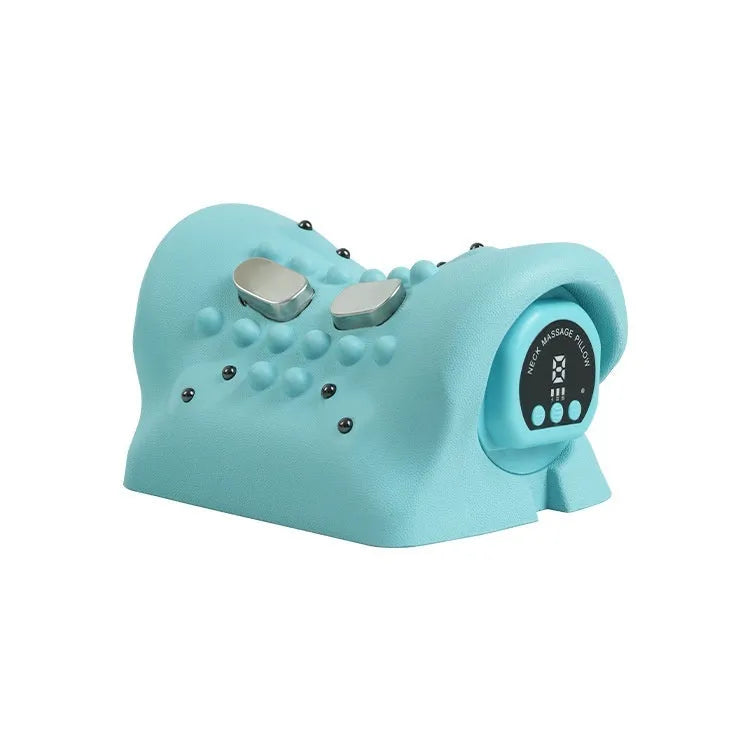 Blue-green portable cervical massage pillow with EMS and hot compress functions
