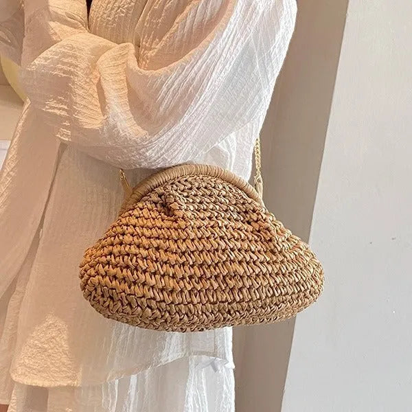Khaki paper straw shoulder bag for women with shell shape, chain detail, and polyester lining for beach and daily use