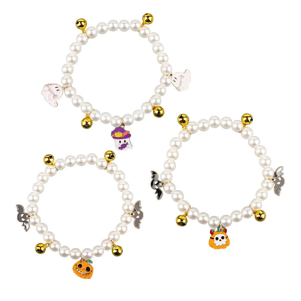 Halloween pet collar with simulated pearl beads and purple ghost pumpkin decoration for cats