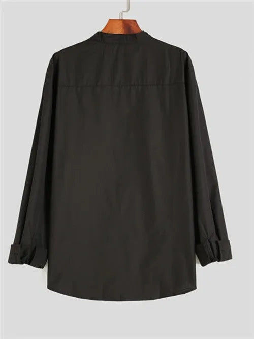 Men's black stand-up collar shirt with fitted silhouette, available in sizes S to XXXL for smart casual and formal wear.