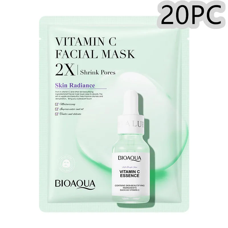 Single-use facial sheet mask with gel serum, shown in Centella, Collagen, Hyaluronic Acid or Vitamin C variants.