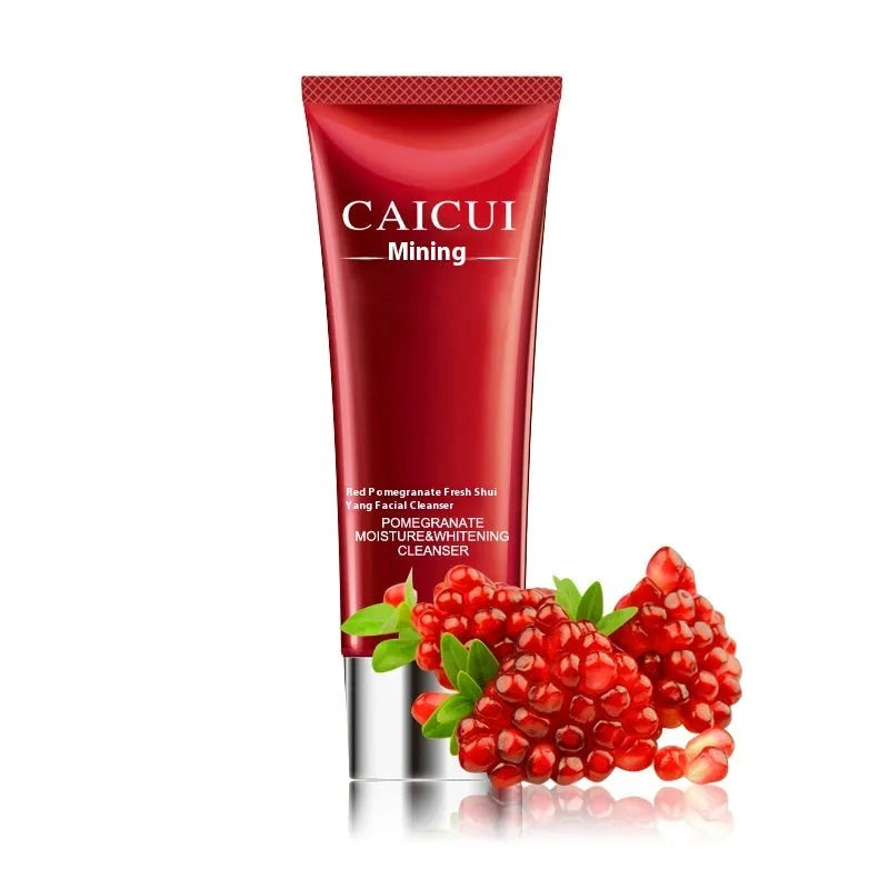 Pomegranate skincare set with four products: face wash, toner, lotion and facial cream in red packaging.