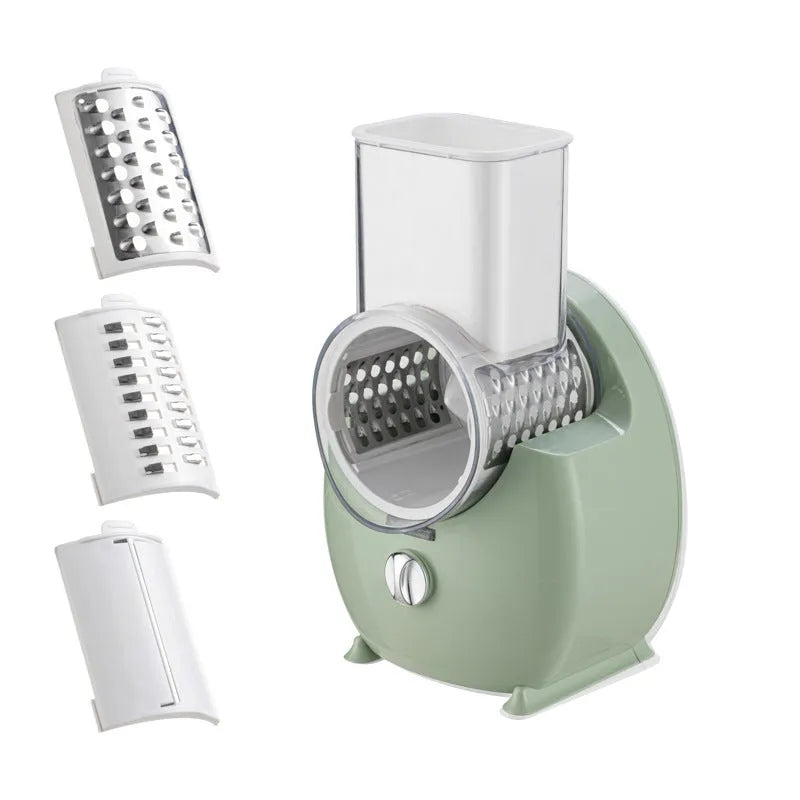 White electric vegetable slicer with rotary grater system and suction base on kitchen counter
