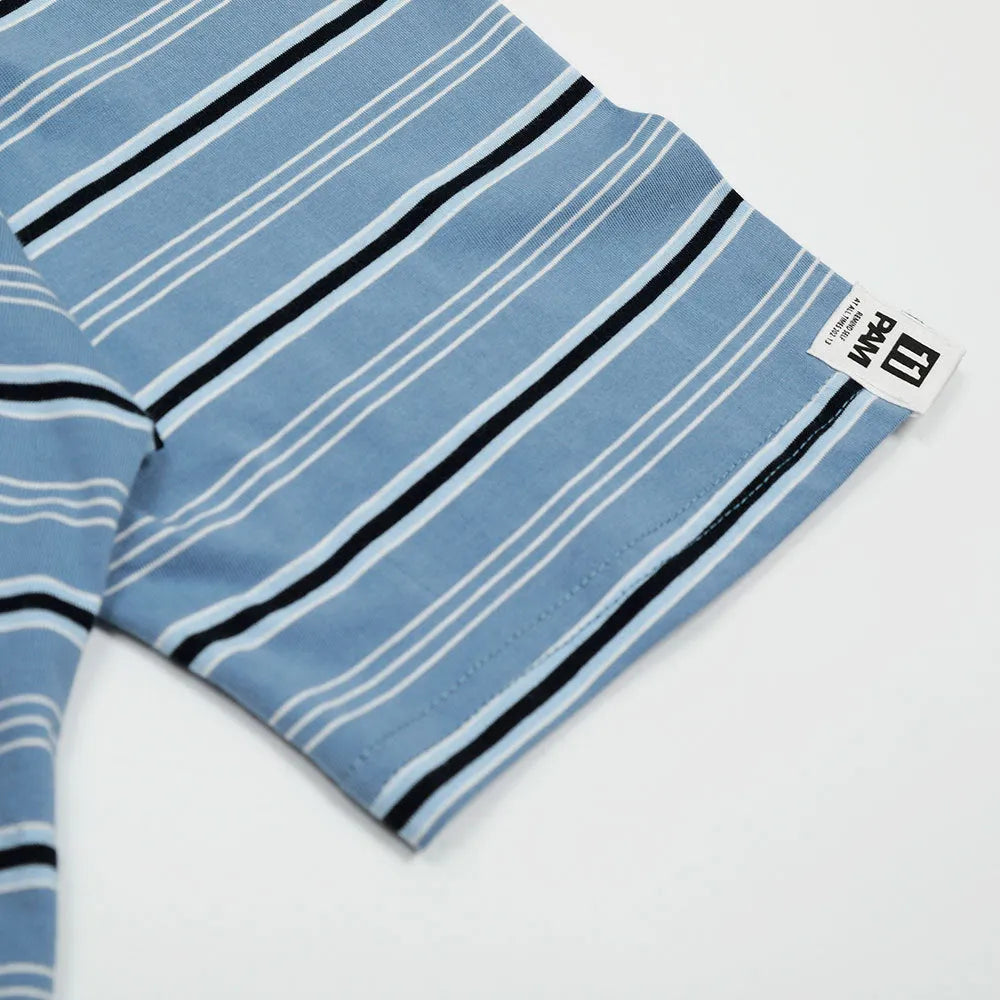 Blue stripe loose-fit cotton short-sleeved polo shirt on a hanger