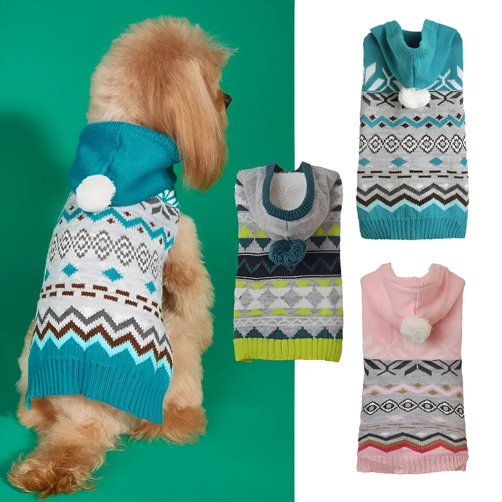 Blue diamond pattern acrylic dog sweater shown on small breed dog