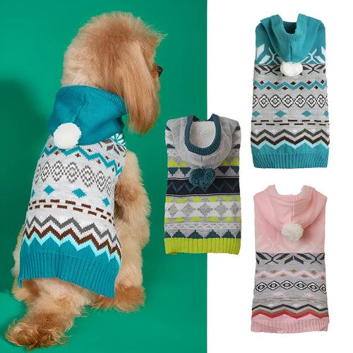 Blue diamond pattern acrylic dog sweater shown on small breed dog