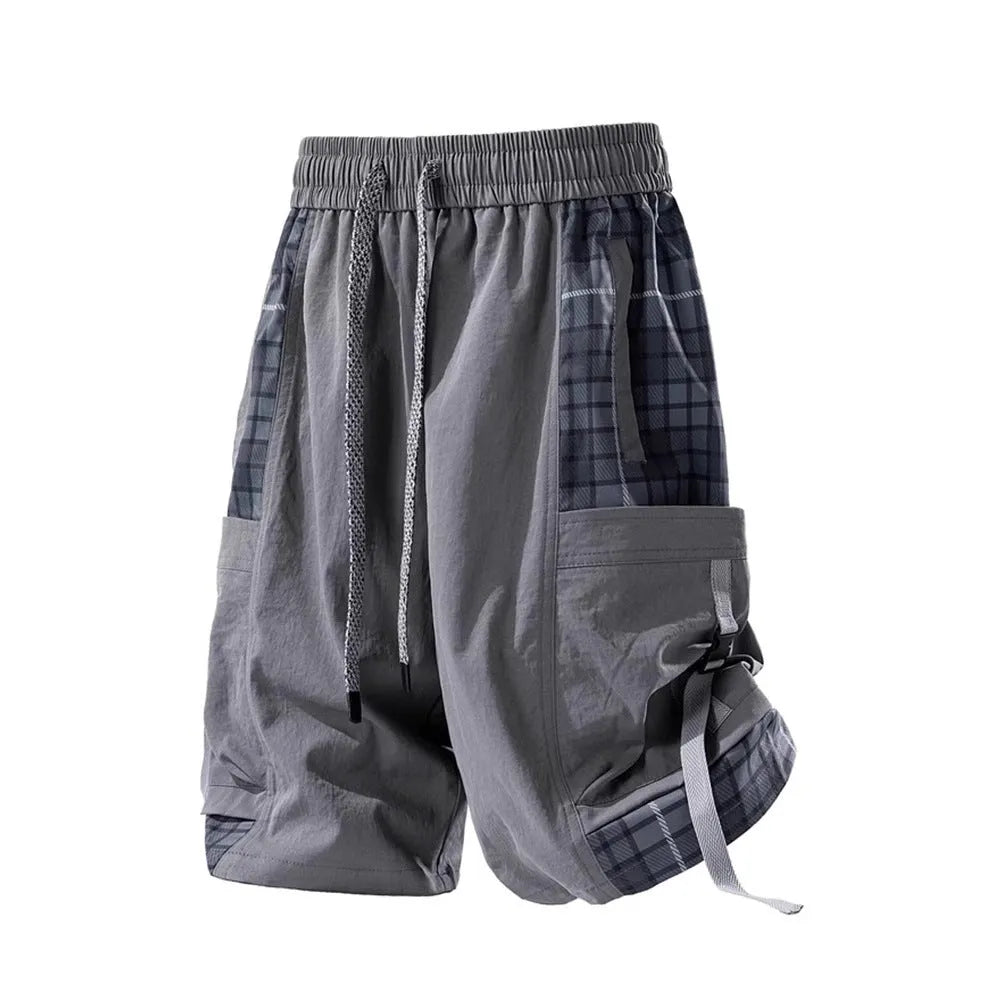 Men's loose fit cargo shorts with plaid stitching detail in black, grey, and smoky grey colour options