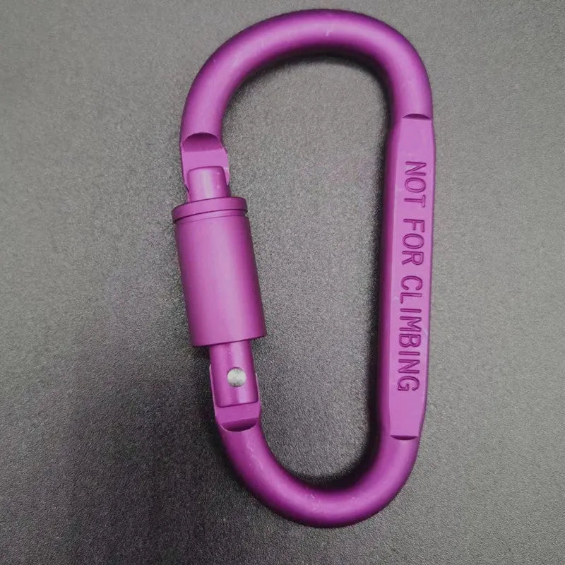 Aluminium D-shaped locking climbing carabiner with a flat 8cm design shown in silver.