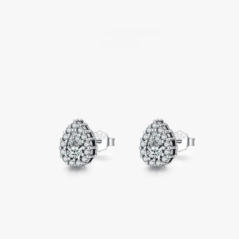 Women's silver water drop stud earrings crafted from 925 sterling silver with diamond treatment