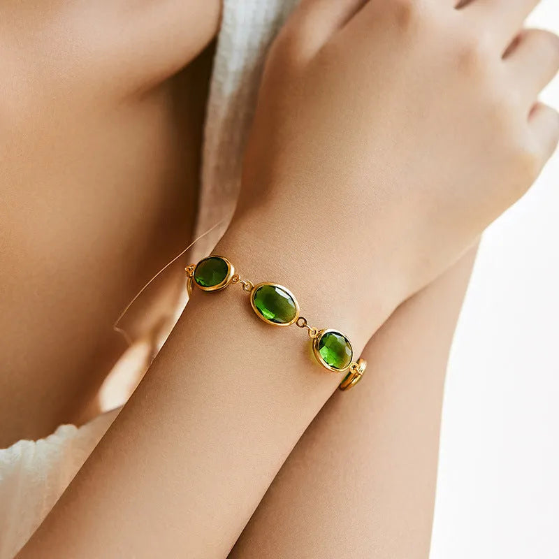 Geometric ellipse copper bracelet with glass inlay decoration in blue, green or multicolor options