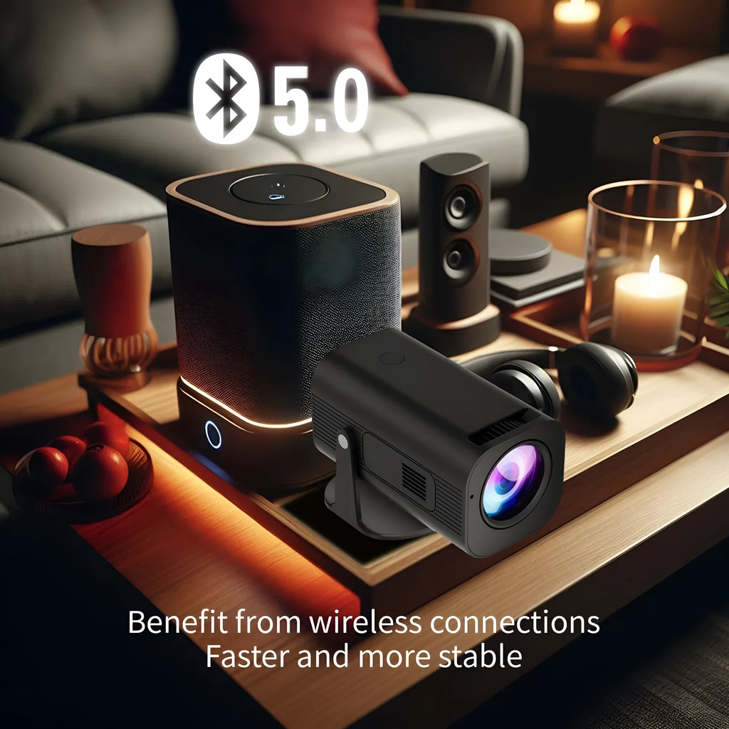 P330 black and white mini projector with remote control on table