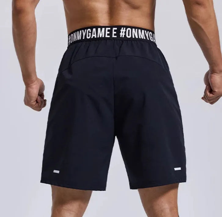 Men's loose sport shorts with elastic fly opening in black, blue or grey colours