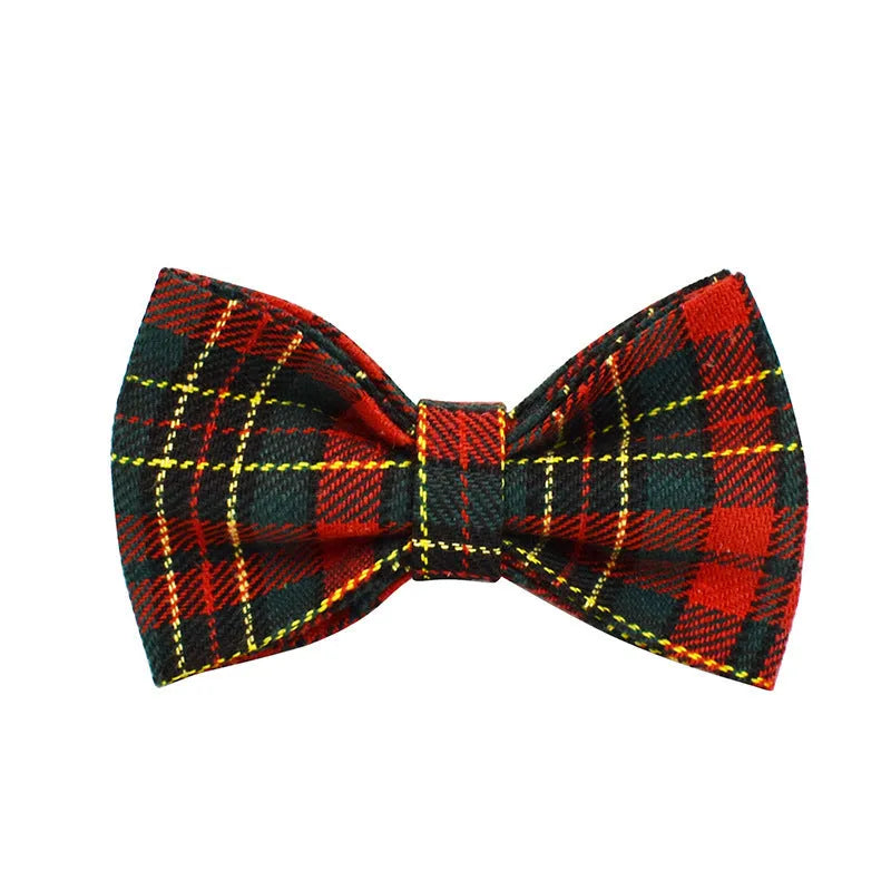 Christmas plaid pet collar and rope lead suit with green background, bow, dog vest, and optional bag