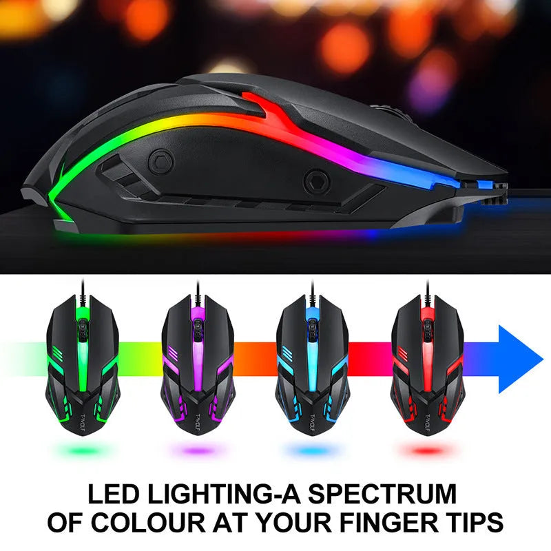 Thunder Wolf T800 wired gaming keyboard, mouse, headset, and mouse pad four-piece bundle set on a desk