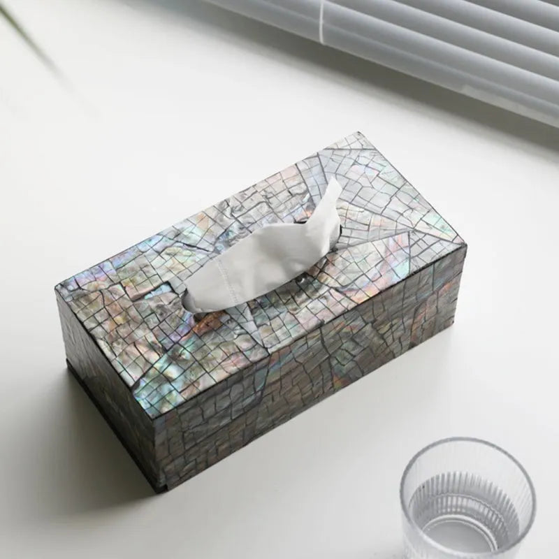 Black shell tissue box storage container with removable organisation tray on wooden table