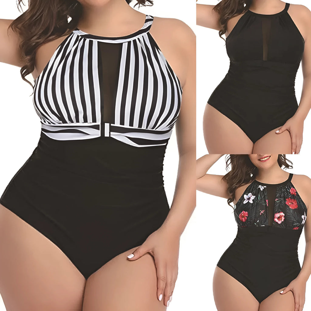 Women's black lace-trimmed one-piece swimsuit on a hanger
