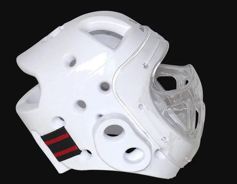 Karate helmet protective equipment in white, blue, or red colour with S, M, L, XL sizing options