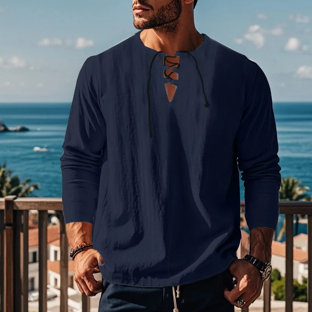 Cotton linen beach ruff shirt in solid colour with loose pullover design