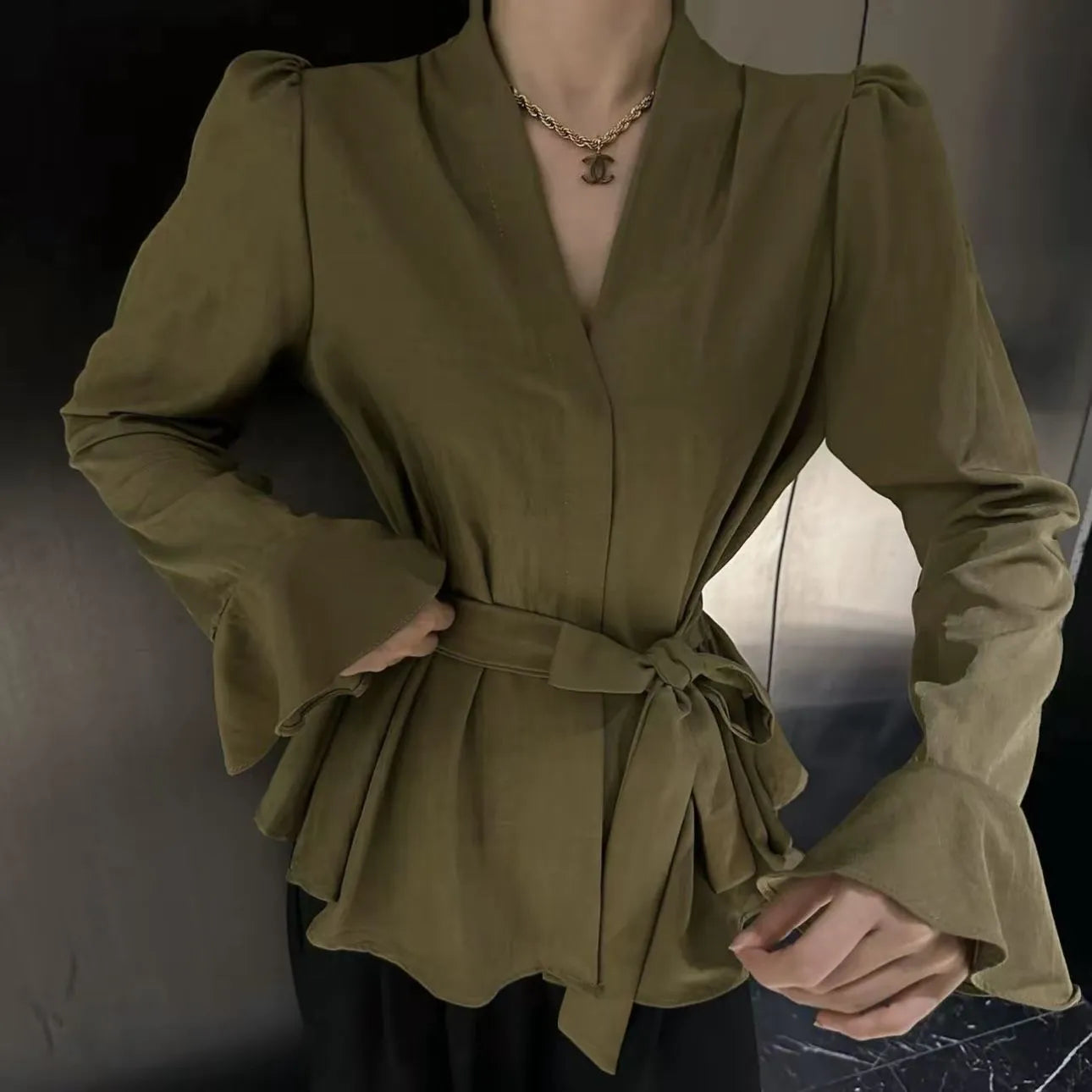 Women's French-style irregular collar long sleeve tied shirt with bell sleeves in polyester fabric
