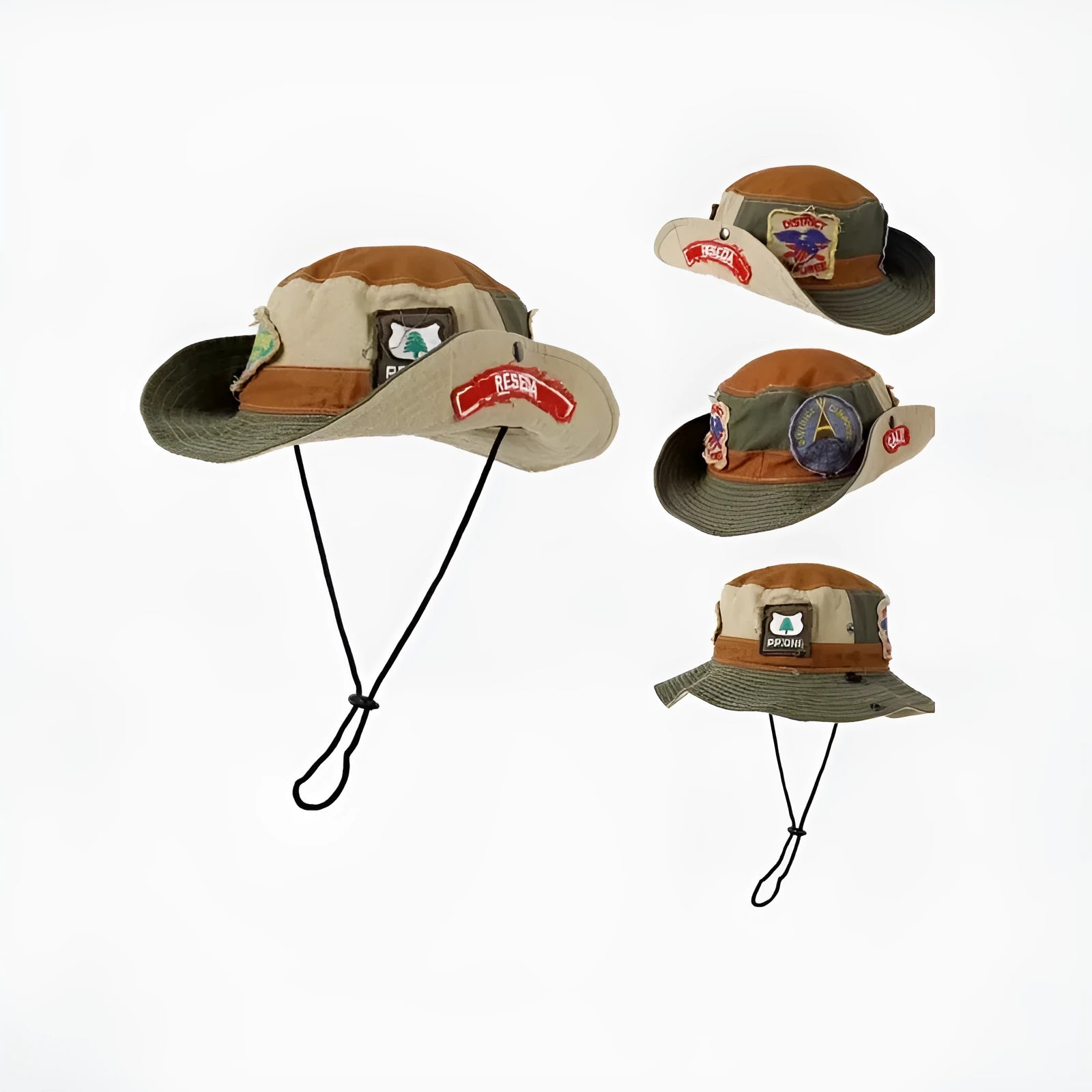Army green cotton fisherman hat with flat top crown and hand-painted patchwork details, shown folded and unfolded
