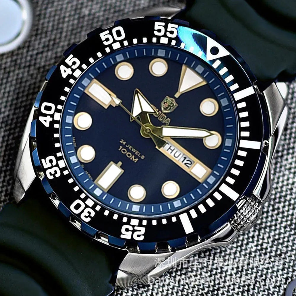 Waterproof men's sports watch with luminous dial, shown in silver case with blue dial and steel strap