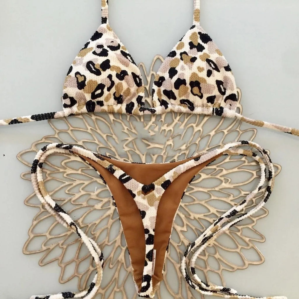 Women's printed bikini swimsuit with quick-drying fabric shown in one of three available colour options