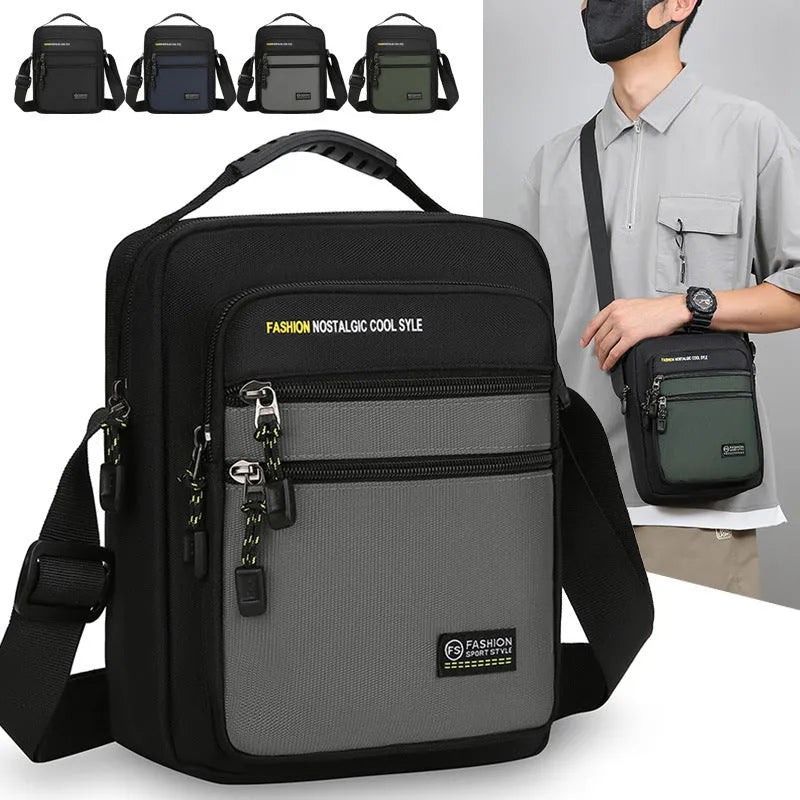 Men's solid colour nylon crossbody bag with adjustable shoulder strap in urban simplicity style.