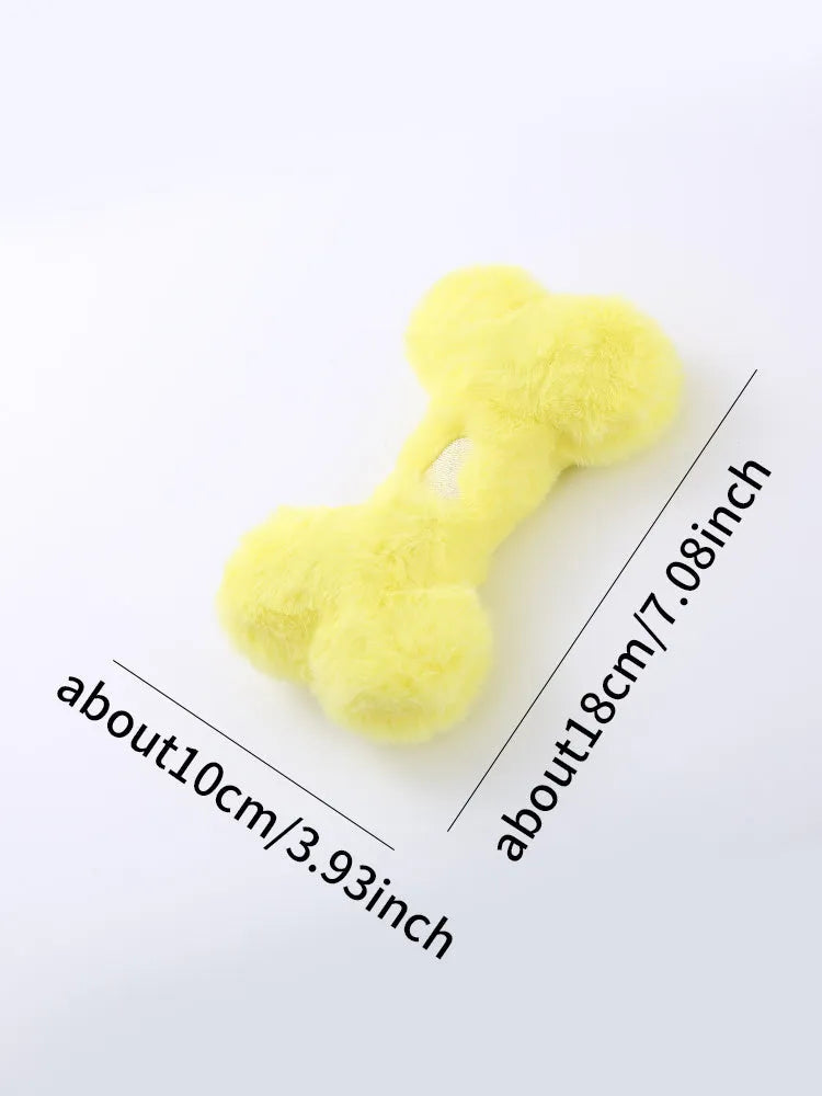 Blue, pink and yellow bone-shaped plush dog toys with squeaker for interactive play