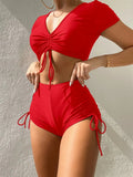 Women's lace-up bow two-piece swimsuit bikini set in multiple colours.