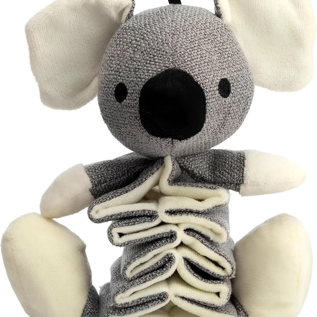 Grey koala-shaped dog toy measuring 30cm long with plush fabric and durable cloth construction.