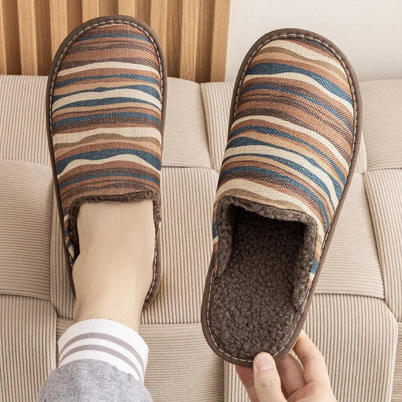 Cotton household slippers with linen surface and PVC soles in multiple colour options