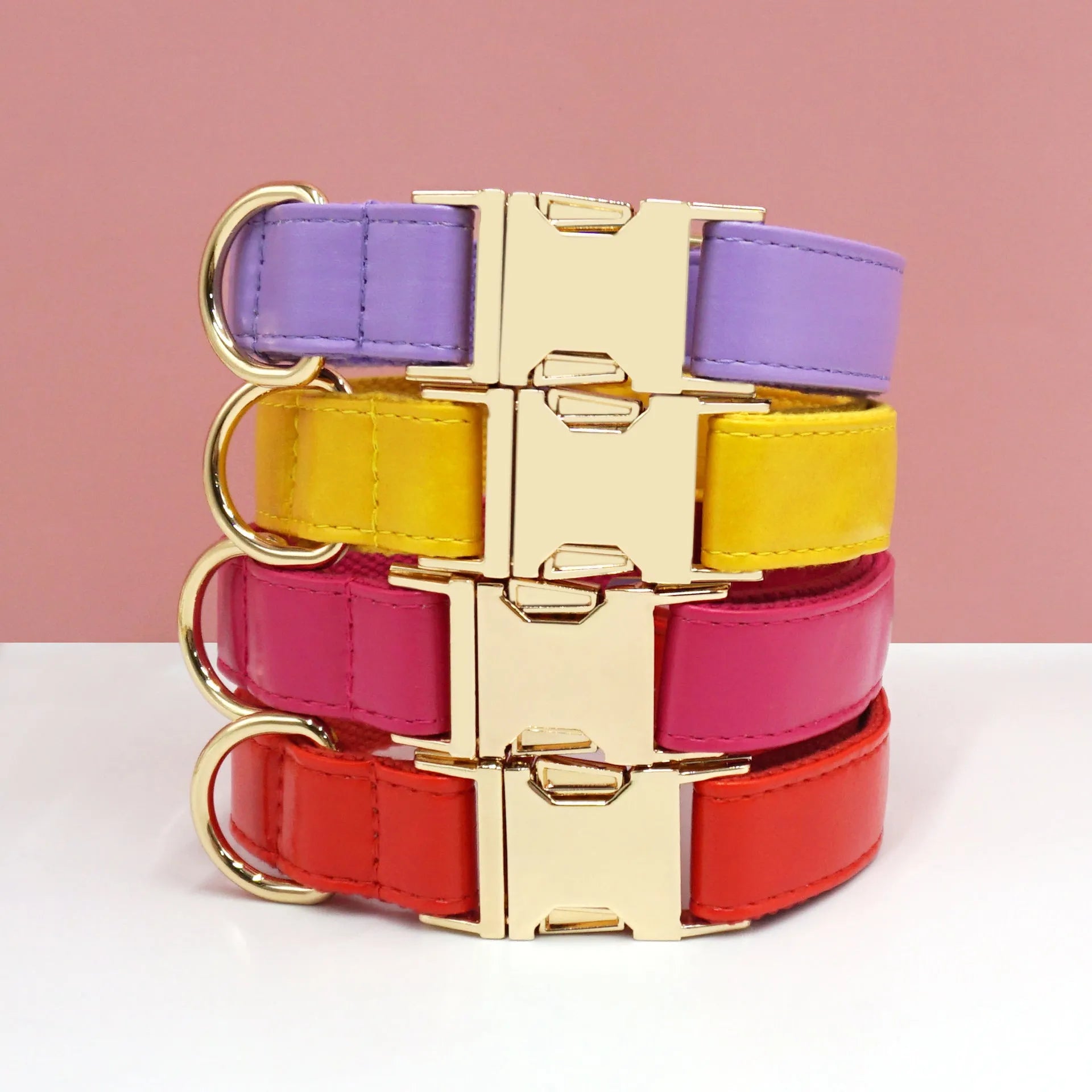 Colour-block leather dog collar with velvet trim shown in caramel colour