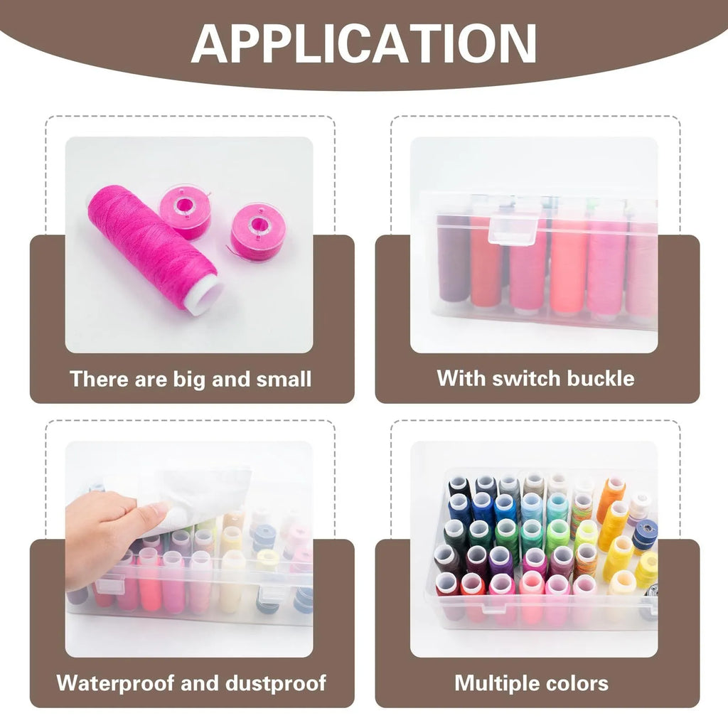 Plastic sewing storage box with 42 positions for embroidery thread spools in transparent, pink, or blue